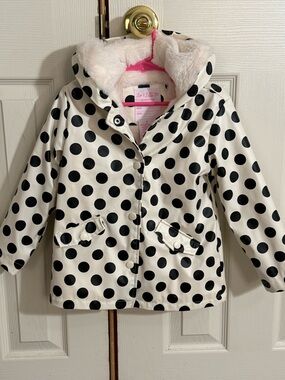 Girls Polka Dot Rain Jacket 4T Faux Fur Hood Black White Cute Boutique Coat